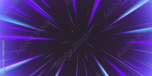 Dynamic speed ray anime background with purple and blue light bursts for action manga effects. Radial motion lines with neon glow and energy beams for dramatic transitions or superhero transformations