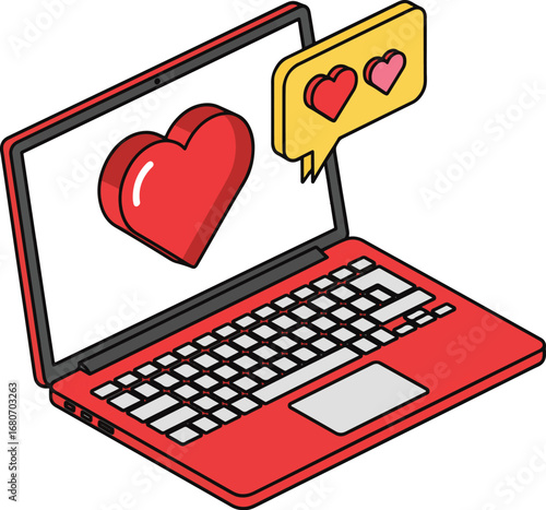 Red laptop displaying hearts communicating love online through digital messaging