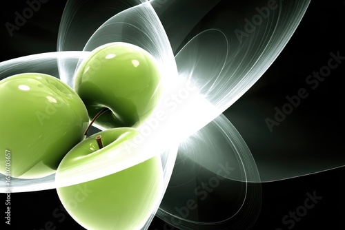 Three glossy green apples encircled by glowing, abstract swirls on a black background