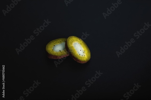 Two kiwi slices on dark background