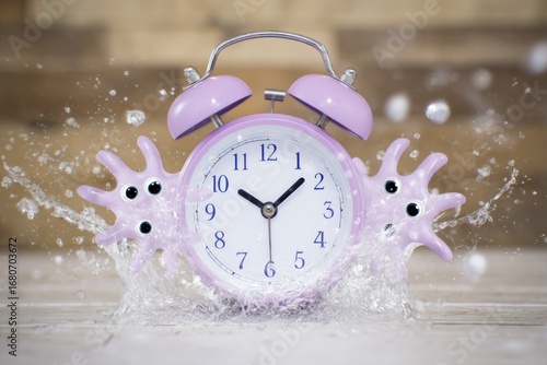 A whimsical lavender alarm clock with googly eyes and appendages splashes into water on a wood surface