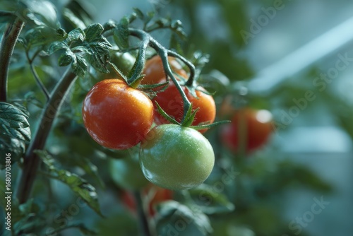 Ripe and unripe cherry tomatoes on the vine, sunlight filtering through leaves
