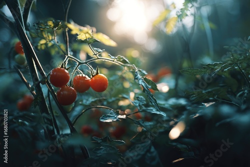 Sunlit cherry tomatoes on a vine, lush green foliage