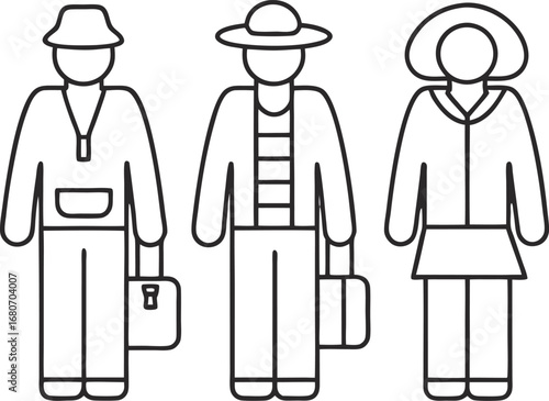Three people, representing diverse travelers, tourists, or a team, showcasing different fashion styles and accessories