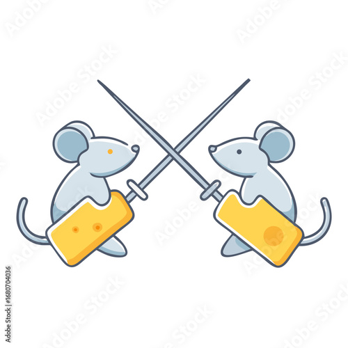Two mice are fighting with cheese swords