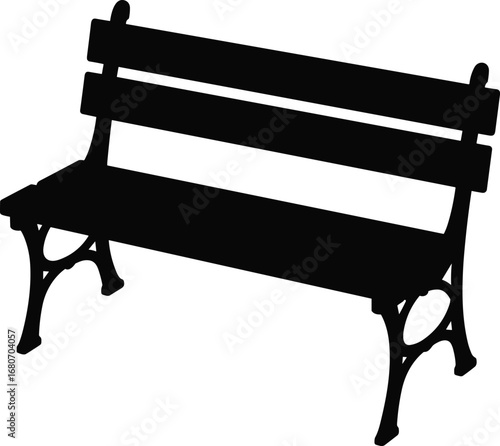 Vintage wooden park bench silhouette with iron legs, classic outdoor seating furniture isolated on white background vector illustration