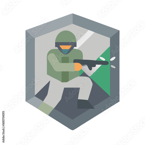 Illustration of a soldier firing a gun inside a hexagon shaped badge