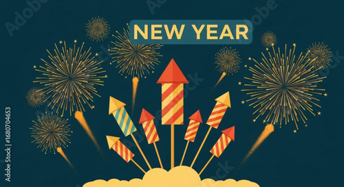 A festive new year celebration with colorful fireworks and rockets exploding in the night sky, spreading joy and excitement