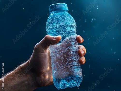 man’s hand holding a water bottle with condensation, sports theme, bold background 
