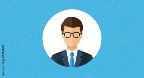 A professional avatar of a businessman with glasses, wearing a suit and tie on a blue background