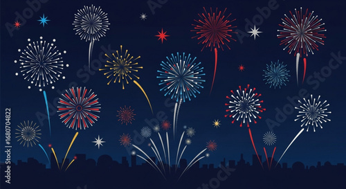 Colorful fireworks exploding over the city skyline at night, creating a festive and celebratory atmosphere