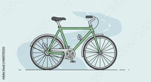 Illustration of a green bicycle with a leaf symbol, representing ecofriendly transportation and a healthy lifestyle