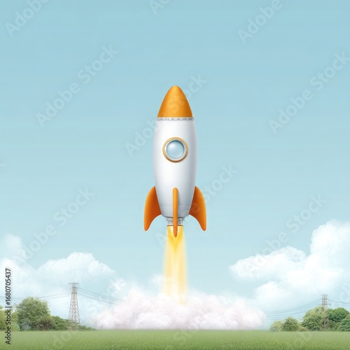 White and orange rocket blasting off into a clear sky