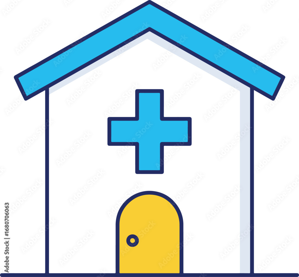 Obraz premium Simple icon of a blue and white hospital building with a yellow door and blue medical cross