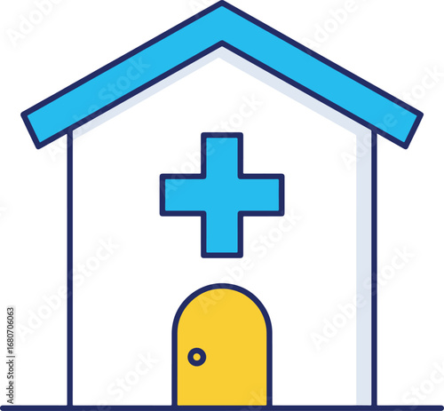 Simple icon of a blue and white hospital building with a yellow door and blue medical cross