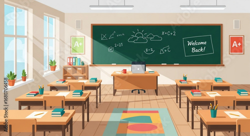 Bright and clean classroom interior with desks, chairs, and a blackboard, ready for students to learn