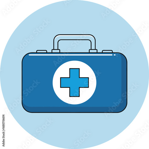 Blue first aid kit with white cross symbol circular design health medical emergency care