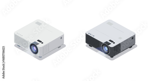 Isometric projectors on white background: modern presentation tools