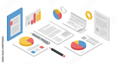 Isometric office documents with charts and graphs for data analysis