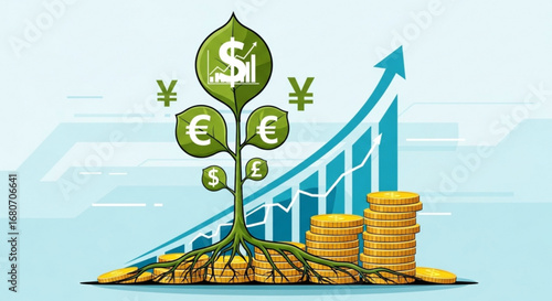 Financial growth illustration with currency symbols, coins, and a rising graph, representing investment and economic success