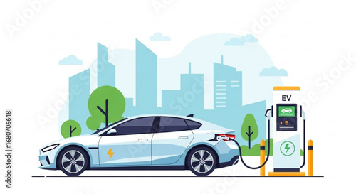 Electric car charging at a station with a city skyline in the background, promoting sustainable transportation