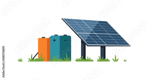Sustainable energy concept with solar panel and batteries in flat design
