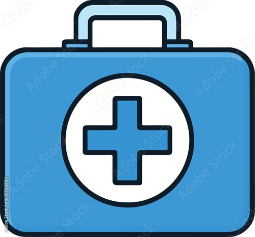 Blue medical first aid kit icon with white cross symbol simple flat design