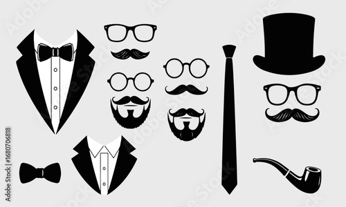 Gentleman's Set with Tuxedos, Bow Ties, Hats, Glasses and Mustaches | Vintage Icon Collection for Men's Fashion and Design Projects