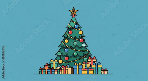 A christmas tree decorated with ornaments and gifts isolated on a blue background for the holidays