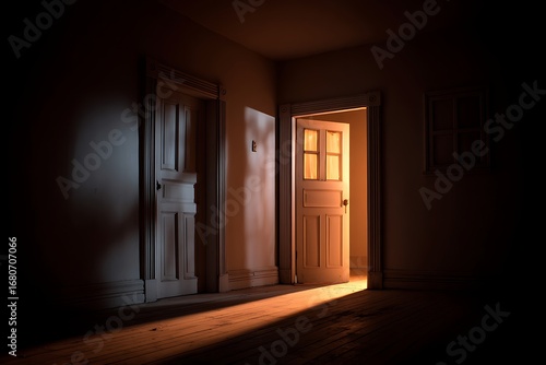 A dimly lit room with two doors  one ajar emitting warm light  creating a mysterious atmosphere.