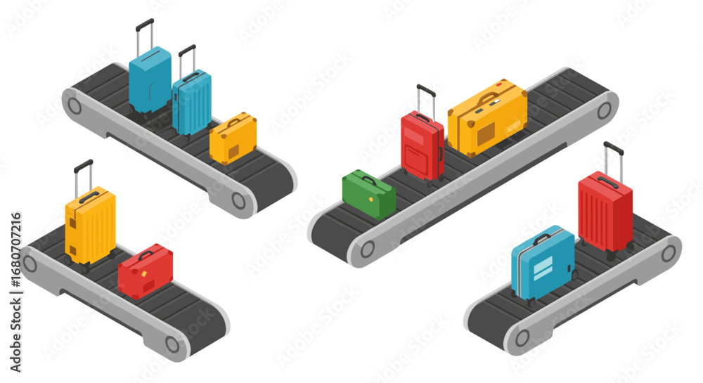 Obraz premium Isometric baggage carousel with colorful luggage