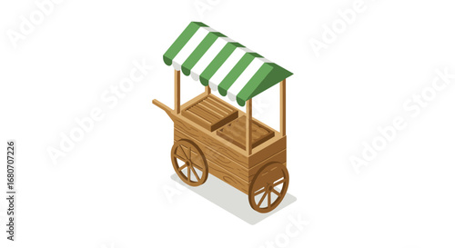 Isometric wooden market cart with striped awning for outdoor food displays