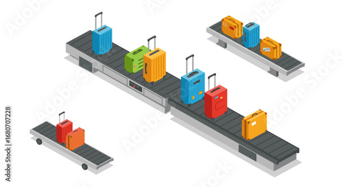 Isometric luggage conveyor belt with colorful suitcases on white background