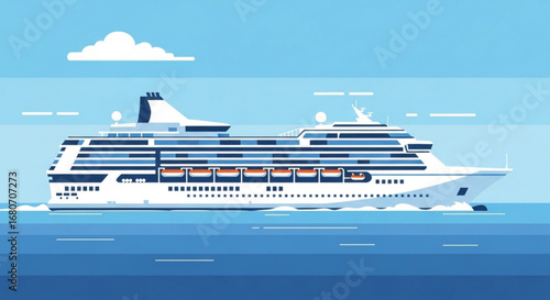 Illustration of a cruise ship on the ocean, representing travel, tourism, and maritime transportation on the sea