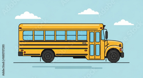 Illustration of a yellow school bus on a blue background, representing transportation and educational services