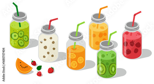 Colorful mason jars with fresh fruit smoothies and straws in isometric style
