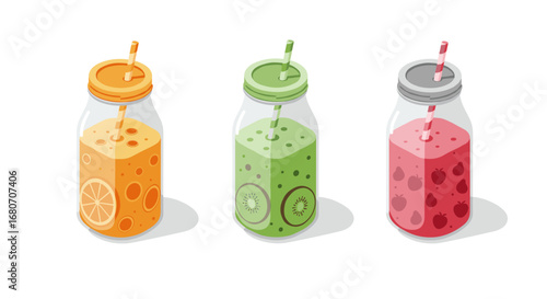 Colorful mason jar smoothies with fruit slices and straws in isometric style