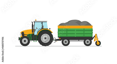 Flat design green and yellow farm tractor with cargo trailer on white background