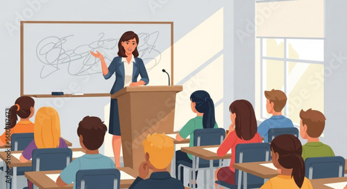 A teacher giving a lecture to students in a classroom, sharing knowledge and inspiring learning