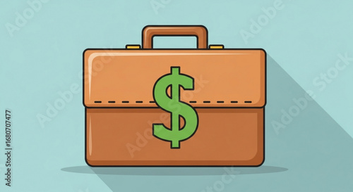Illustration of a brown briefcase with a green dollar sign on it, representing business, finance, and investment