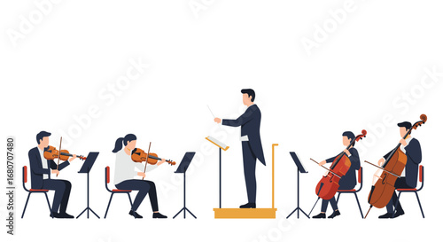 Conductor leading chamber orchestra with string musicians