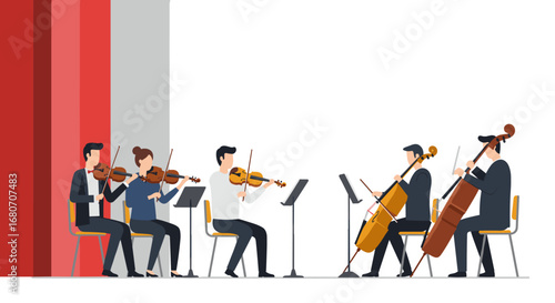 Orchestra ensemble playing classical music in flat style on stage