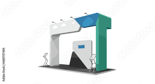 Modern trade show booth design with lighting and display stands