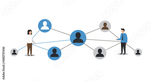 Flat design network illustration with connected people icons and diverse avatars