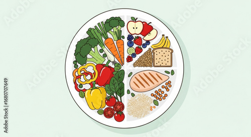 A balanced diet plate with vegetables, fruits, protein, and grains for healthy eating