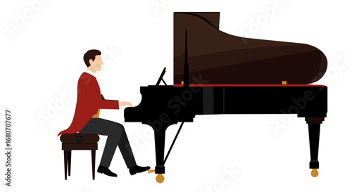 Man playing grand piano in red jacket on white background