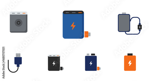 Portable chargers set with power banks and cords in flat style