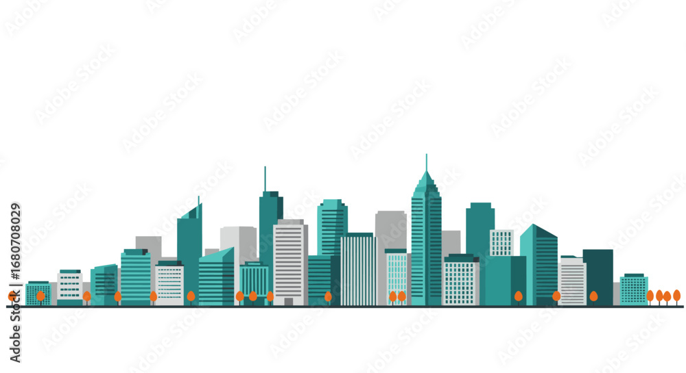 Naklejka premium Modern urban skyline with minimalistic geometric buildings and trees