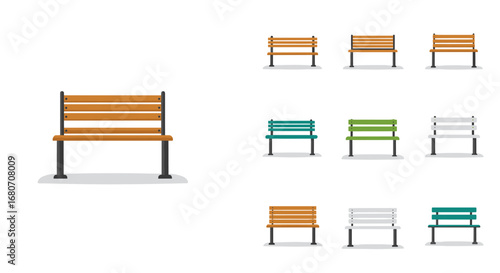 Colorful wooden park benches in isometric style