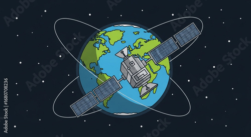 Illustration of a satellite orbiting the earth for communication and exploration in space against a dark background